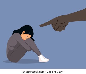 Illustration of a woman crying sad while a big finger pointing at her.  Vector drawing of blaming punishment concept