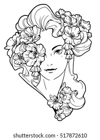 Illustration of woman with curled hair, decorated with floral elements. Black and white, anti-stress. Adult coloring books.