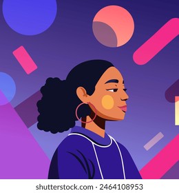 Illustration of a woman with curly hair and hoop earrings on colorfull abstract background