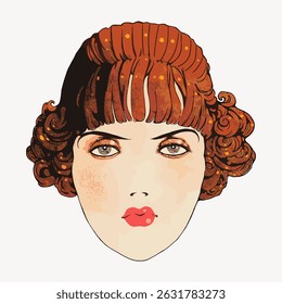 Illustration of a woman with curly red hair and red lips. Vintage style portrait of a woman with distinct red hair and makeup. Artistic depiction of a female face. Vintage character vector.