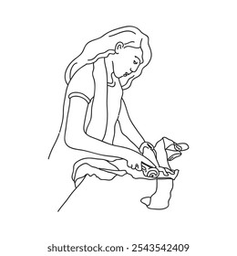 illustration of woman cutting fabric textile line art design concept hand drawn