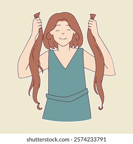 Illustration of a woman cutting her hair to donate, symbolizing compassion and support for those in need, set on a soft pastel background