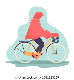 Illustration of a woman cycling in the middle of the rainy season to go home