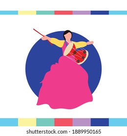 illustration of a woman dancing a Korean traditional dance with a round frame as a background ornament