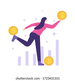 illustration of a woman dancing while carrying or holding coins. the concept of business women, financial management, career women. flat design. can be used for elements, landing pages, UI.