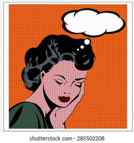 Illustration of a  woman day dreaming in a pop art,comic style