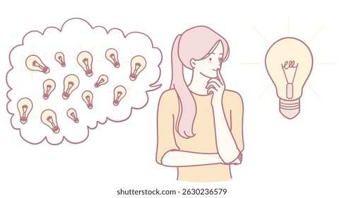 Ilustração de uma mulher profunda em pensamento, inspirada por lâmpadas que simbolizam criatividade e inspiração