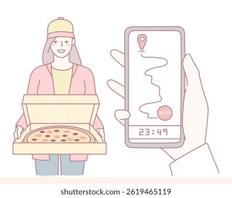 Illustration of a woman delivering a delicious pizza while efficiently tracking her route on her smartphone