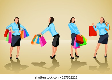 illustration of woman in different poses with bags