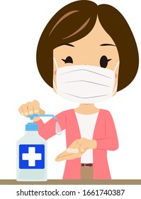 Illustration of a woman disinfecting  hands