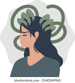 Ilustração de uma mulher com uma expressão angustiada, enredada por tentáculos verdes em torno de sua cabeça, simbolizando ansiedade, medo e luta mental. Ideal para conteúdo focado em saúde mental