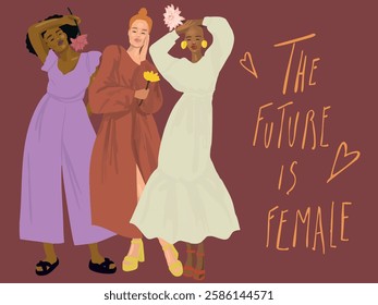 Illustration Woman diversity black white flower march 8 text the future is feminine vector