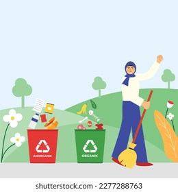 Illustration of woman do waste sorting. garbage, rubsih sorting. people putting rubish in trash bins. trash container classifiation. Save the earth concept design