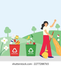 Illustration of woman do waste sorting. garbage, rubsih sorting. people putting rubish in trash bins. trash container classifiation. Save the earth concept design