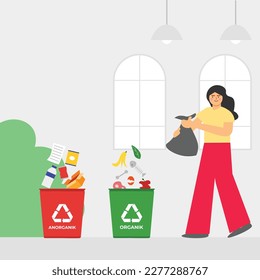 Illustration of woman do waste sorting. garbage, rubsih sorting. people putting rubish in trash bins. trash container classifiation. Save the earth concept design