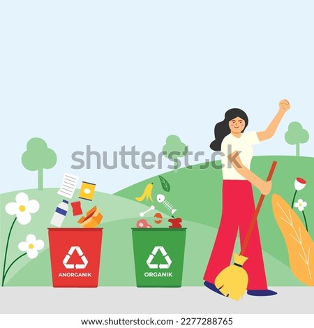 Illustration of woman do waste sorting. garbage, rubsih sorting. people putting rubish in trash bins. trash container classifiation. Save the earth concept design