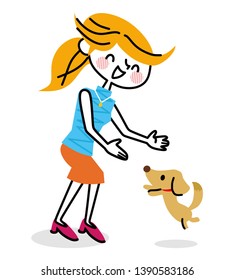 Illustration of a woman and a dog.