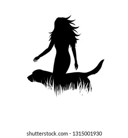 Illustration of woman with dog icon in the grass. Vector silhouette on white background. Symbol of friendship.