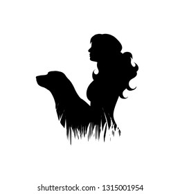 Illustration of woman with dog icon in the grass. Vector silhouette on white background. Symbol of friendship.