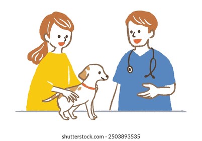 illustration of woman with dog seeing veterinarian