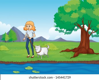 Illustration of a woman with a dog walking along the river