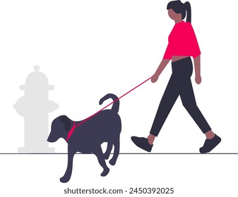 Ilustración de una mujer y un perro caminando fuera. Ilustraciones vectoriales