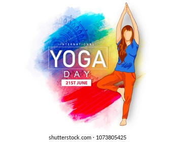illustration of woman doing asana for International Yoga Day on 21st June with nice background.