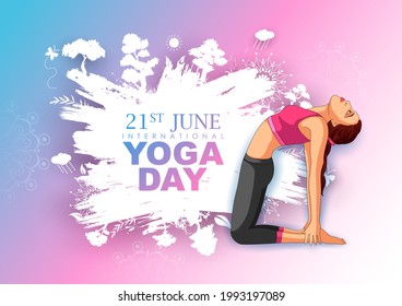 illustration of woman doing asana and meditation practice for International Yoga Day on 21st June