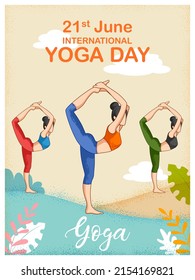 ilustración de mujeres haciendo asana y práctica de meditación para el Día Internacional del Yoga el 21 de junio