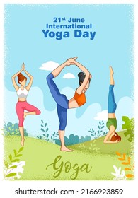 illustration of woman doing asana and meditation practice for International Yoga Day on 21st June