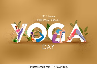 illustration of woman doing asana and meditation practice for International Yoga Day on 21st June