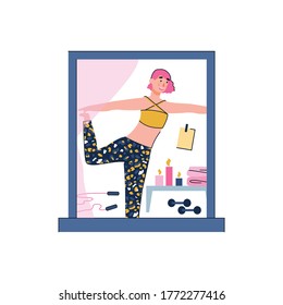 Illustration of a woman doing fitness in a coronavirus quarantine. In the window of the house you can see how the girl does exercises for health and a beautiful body. Vector line flat illustration