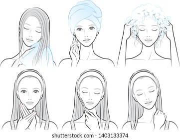 Illustration of woman doing hair care and skin care