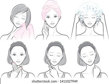 Illustration of woman doing hair care and skin care