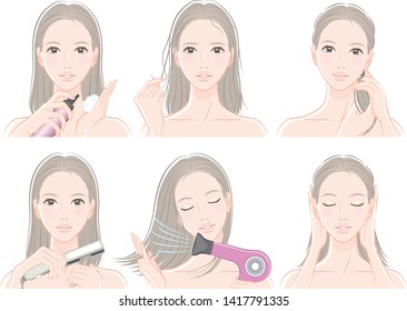 Illustration of woman doing hair care