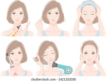 Illustration of woman doing hair care