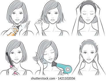 Illustration of woman doing hair care