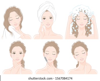 Illustration of woman doing hair care and skin care