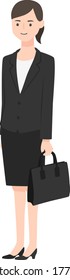 Illustration of a woman doing job hunting. The woman is wearing a black interview suit.