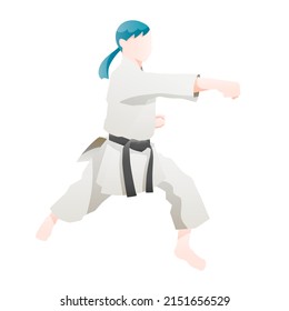 Illustration of a woman doing karate (kata) (white background, vector, cut out)