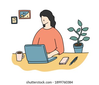 Ilustración de una mujer haciendo trabajo a distancia.
Hay laptops, café, plantas, notas, bolígrafos y más.