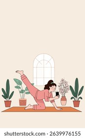 Illustration of a woman doing a side stretch yoga pose on a mat in a cozy room with plants and natural light.
