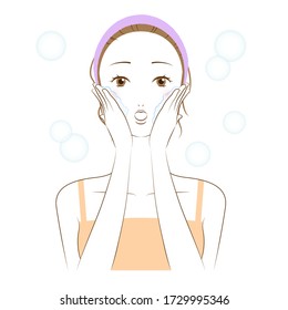 Illustration of a woman doing skin care (washing her face with foam)