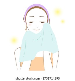 Illustration of a woman doing skin care (After washing the face, gently wipe the skin with a towel)