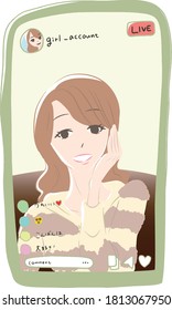 Illustration of a woman doing SNS live. Comments are "cute" "good evening" "love!"