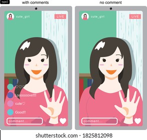 Illustration of a woman doing SNS live. With or without comments　vector