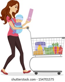 Illustration of a Woman Doing Some Grocery Shopping While Carrying a Baby