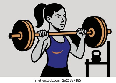 illustration of a woman doing weight lifting exercises (barbell squat or shoulder press) at the gym.