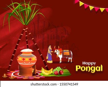 Illustration of woman doing worship OX with sugarcane, fruits, temple and cooking mud pot for Happy Pongal celebration.