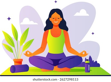 Illustration of a woman doing yoga with a colorful flat design concept that takes a sports theme